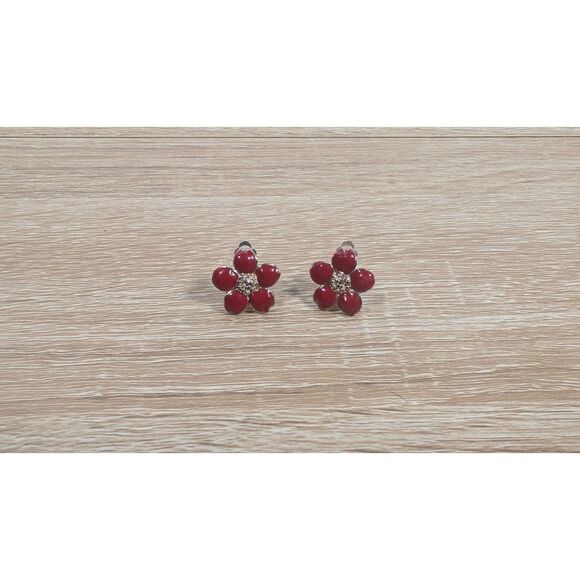 Vintage Style Red Flower Clip-On Earrings with Rhinestone Center - Picture 1 of 2
